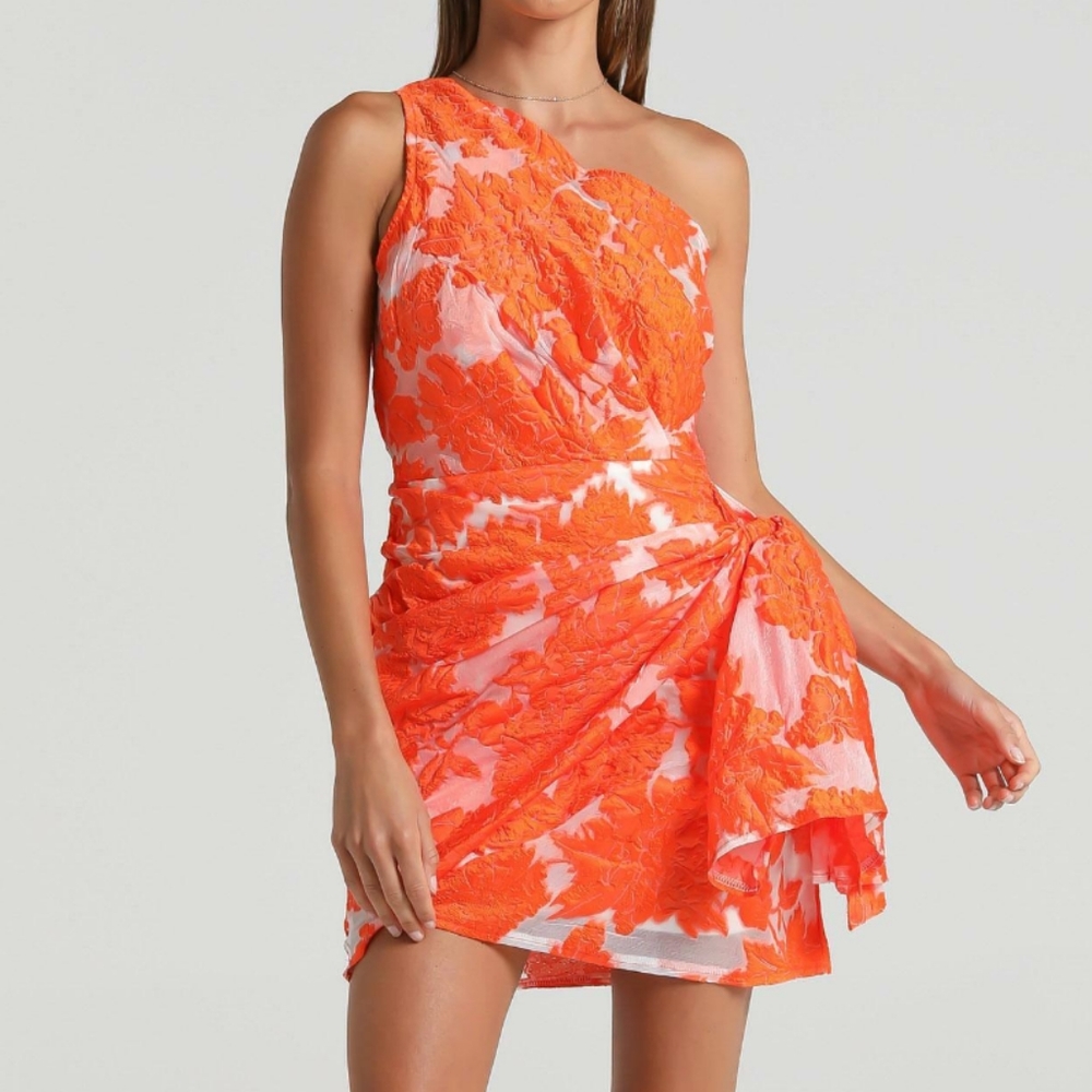 Reverse Orange and White Ruched Asymmetrical Dress
